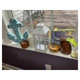 GROUP OF DECORATIVE ITEMS ON WINDOW SILL, CANDLES,