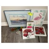 GROUP OF DECORATIVE ITEMS, BEACH PRINT, FLORAL PIC