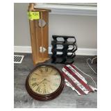 GROUP INCLUDING WOODEN WALL SHELF 24IN, CLOCK 15IN