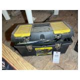 BLACK TOOL BOX WITH ASSORTED TOOLS, BOX CUTTER, PL
