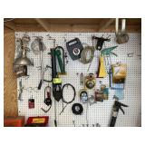 CONTENTS OF BACK WALL, HAND SAWS, TAPE MEASURE, CA