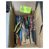 GROUP OF HAND TOOLS, PLYERS, BOX CUTTER, RULER