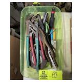 GREEN TOTE WITH ASSORTED HAND TOOLS, PLYERS, MEASU