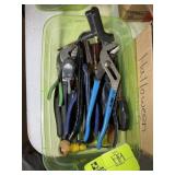 GREEN TOTE WITH ASSORTED HAND TOOLS, PLYERS, PUNCH