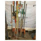 GROUP OF YARD TOOLS, SNOW SHOVEL, RAKE, PICK AXE
