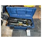 BLUE TOOL BOX WITH ASSORTED TOOLS, HAMMER PLYERS,