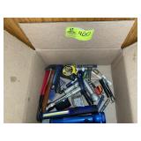 BOX WITH MISC TOOLS, HAMMER, TAPE MEASURE, FLASHLI