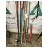 GROUP OF YARD TOOLS, POST HOLD DIGGERS, HOE, PICK
