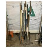GROUP OF YARD TOOLS, PITCH FORK, POST HOLD DIGGER,