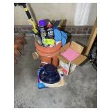 BUCKET WITH CAR CLEANING ITEMS, BUFFER, RAGS, ETC