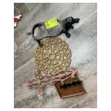 GROUP OF CAST IRON ITEMS, WOODEN DUST PAN