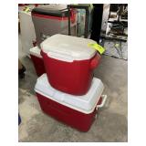 GROUP OF RED COOLERS, COLEMAN AND RUBBERMAID