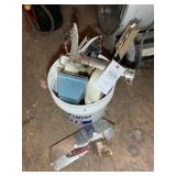 BUCKET WITH DRYWALL REPAIR ITEMS, CAULK GUN, ETC