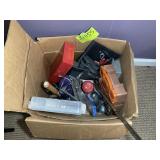 BOX WITH MISC TOOLS, SQUARE, TOOL BELT, HAMMER