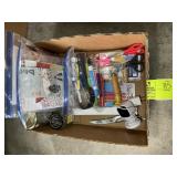 BOX WITH MISC OFFICE SUPPLIES, CARDS, BLIK CAMERA