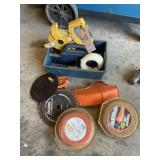TOTE WITH MISC STRING TRIMMER LINE, SAW BLADES TAP