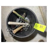 SMALL BUCKET WITH MISC TOOLS, HAMMERS, SCREW DRIVE