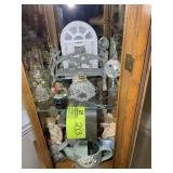 TWO SHELVES OF DECORATIVE ITEMS, FIGURINES, ETC