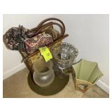 GROUP INCLUDING DECORATIVE SEWING BASKET, VASES