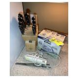 KNIFE BLOCK, BLACK AND DECKER CAN OPENER AND ELECT