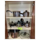 CABINET WITH ASSORTED POTS AND PANS, SOME WITH LID