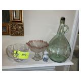 GROUP OF DECORATIVE ITEMS, GLASS BOWLS, ONE GALLON