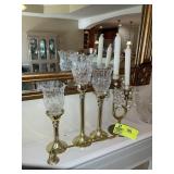 GROUP OF BRASS COLOR CANDLE STICK HOLDERS AND SNUF