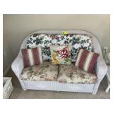 WHITE WICKER LOVE SEAT WITH CUSHIONS, 59 IN LONG X