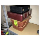 GROUP INCLUDING PICNIC BASKET AND DECORATIVE TINS