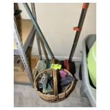 BASKET WITH MISC DUST PANS, ETC