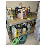BOTTOM 2 SHELVES OF METAL RACK, GARDENING SUPPLIES