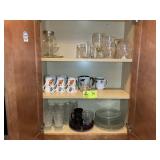 CABINET WITH ASSORTED GLASSWARE, PLATES, COFFEE MU