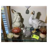 THIRD SHELF INCLUDING DECORATIVE ITEMS, RABBITS, M