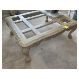 WOODEN FRAMED GLASS TOP COFFEE TABLE, 45 IN X 38 I