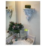 GROUP OF DECORATIVE ITEMS, WALL SHELF, ARTIFICIAL