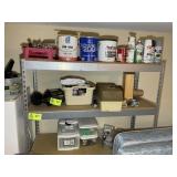 CONTENTS OF TOP 3 SHELVES OF METAL RACK, PAINTING