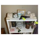 TOP TWO SHELVES OF DECORATIVE ITEMS, VASES, ARTIFI