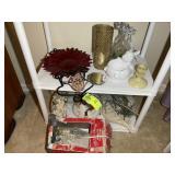 BOTTOM TWO SHELVES OF DECORATIVE ITEMS, PLATE RACK