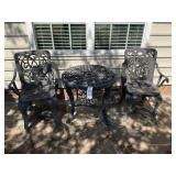 GROUP OF PLASTIC PATIO FURNITURE, TABLE AND TWO CH