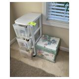 THREE DRAWER STORAGE BIN WITH CRAFTING SUPPLIES, A