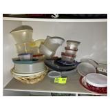 TOP SHELF IN CABINET INCLUDING PLASTIC STORAGE CON