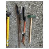 GROUP OF YARD TOOLS, POST HOLE DIGGERS, POLE SAW
