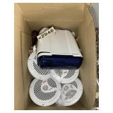 BOX WITH MISC BOAT PARTS, PYLE BOAT RADIO WITH 4 S