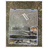 PLASTIC STORAGE BIN WITH CONTENTS, DRILL BITS