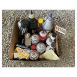 BOX WITH MISC ITEMS, PENETRATING OILS, MOTOR TREAT