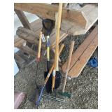 GROUP OF YARD TOOLS, BUSH AXE, HOLE SHOVEL, SWING