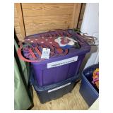 TWO TOTES WITH ASSORTED CHRISTMAS ORNAMENTS , LIGH