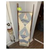 LEANING WOODEN LADDER STYLE QUILT RACK WITH QUILTS