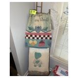 LEANING WOODEN LADDER STYLE QUILT RACK WITH QUILTS