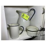 GROUP OF BLUE RIMMED ENAMEL WARE, MEASURING CUP, E